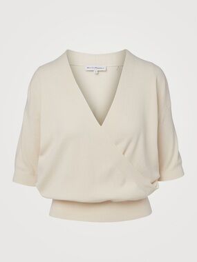 White + Warren Cream Wrap V-Neck Short Sleeve Sweater - XS